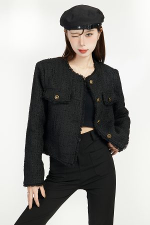 Black Tweed Short Socialite Coat for Women, Chanel-Style, Spring 2025 Fashion, Elegant High-End Outerwear