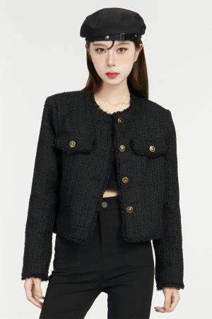 Black Tweed Short Socialite Coat for Women, Chanel-Style, Spring 2025 Fashion, Elegant High-End Outerwear