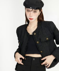 Black Tweed Short Socialite Coat for Women, Chanel-Style, Spring 2025 Fashion, Elegant High-End Outerwear