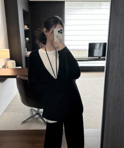 Black V-Neck Knitted Cardigan for Women - Relaxed Fit, Versatile Spring/Summer Layering Essential, Effortless Style