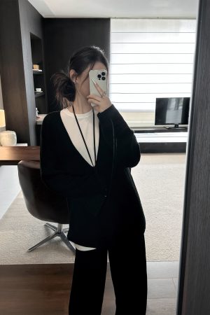 Black V-Neck Knitted Cardigan for Women - Relaxed Fit, Versatile Spring/Summer Layering Essential, Effortless Style