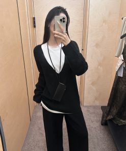 Black V-Neck Knitted Cardigan for Women - Relaxed Fit, Versatile Spring/Summer Layering Essential, Effortless Style