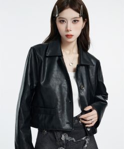 Black Vintage Leather Jacket for Women, High-End Short PU Coat with Lapel and Single-Breasted Buttons - Spring 2025 Fashion