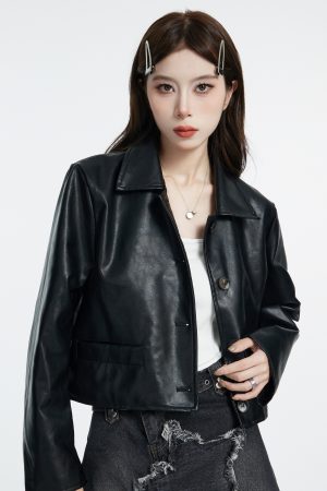 Black Vintage Leather Jacket for Women, High-End Short PU Coat with Lapel and Single-Breasted Buttons - Spring 2025 Fashion