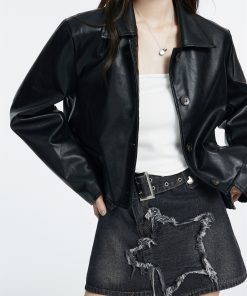 Black Vintage Leather Jacket for Women, High-End Short PU Coat with Lapel and Single-Breasted Buttons - Spring 2025 Fashion
