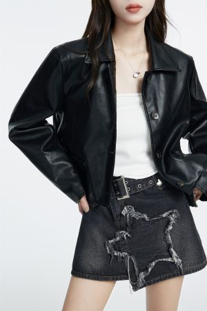 Black Vintage Leather Jacket for Women, High-End Short PU Coat with Lapel and Single-Breasted Buttons - Spring 2025 Fashion