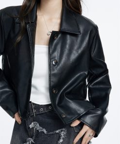 Black Vintage Leather Jacket for Women, High-End Short PU Coat with Lapel and Single-Breasted Buttons - Spring 2025 Fashion