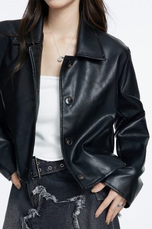 Black Vintage Leather Jacket for Women, High-End Short PU Coat with Lapel and Single-Breasted Buttons - Spring 2025 Fashion