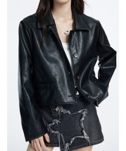 Black Vintage Leather Jacket for Women, High-End Short PU Coat with Lapel and Single-Breasted Buttons - Spring 2025 Fashion