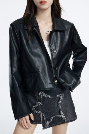 Black Vintage Leather Jacket for Women, High-End Short PU Coat with Lapel and Single-Breasted Buttons - Spring 2025 Fashion