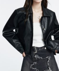Black Vintage Leather Jacket for Women, High-End Short PU Coat with Lapel and Single-Breasted Buttons - Spring 2025 Fashion