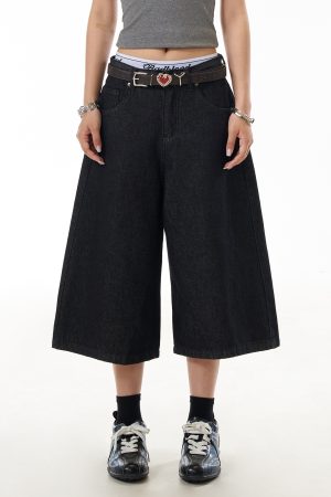 Black Wide-Leg Cropped Jeans for Women - Loose Straight Summer Street Style Denim Shorts