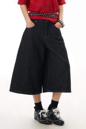 Black Wide-Leg Cropped Jeans for Women - Loose Straight Summer Street Style Denim Shorts