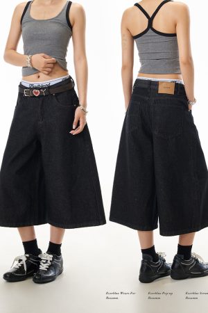 Black Wide-Leg Cropped Jeans for Women - Loose Straight Summer Street Style Denim Shorts