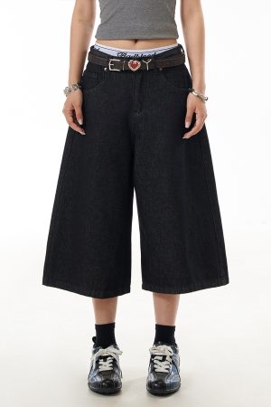 Black Wide-Leg Cropped Jeans for Women - Loose Straight Summer Street Style Denim Shorts