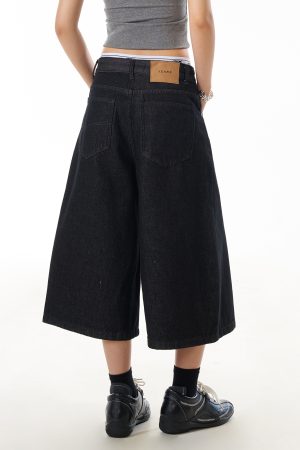 Black Wide-Leg Cropped Jeans for Women - Loose Straight Summer Street Style Denim Shorts