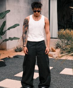 Black Wide-Leg Vintage Straight-Leg Pants with Curved Blade Design - Trendy Night Mist Style for Effortless Fashion