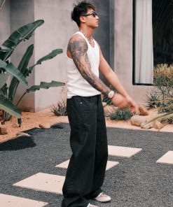 Black Wide-Leg Vintage Straight-Leg Pants with Curved Blade Design - Trendy Night Mist Style for Effortless Fashion