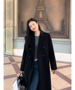 Black Woolen Coat for Women - Loose Fit, High-End Quality, Quilted Long Winter Outerwear, Korean Style Fashion