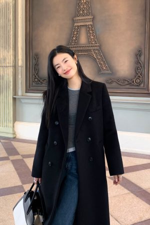 Black Woolen Coat for Women - Loose Fit, High-End Quality, Quilted Long Winter Outerwear, Korean Style Fashion