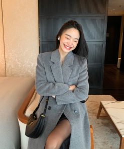 Black Woolen Coat for Women - Loose Fit, High-End Quality, Quilted Long Winter Outerwear, Korean Style Fashion