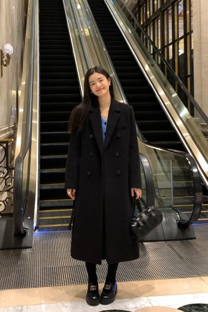 Black Woolen Coat for Women - Loose Fit, High-End Quality, Quilted Long Winter Outerwear, Korean Style Fashion
