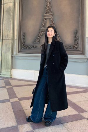 Black Woolen Coat for Women - Loose Fit, High-End Quality, Quilted Long Winter Outerwear, Korean Style Fashion