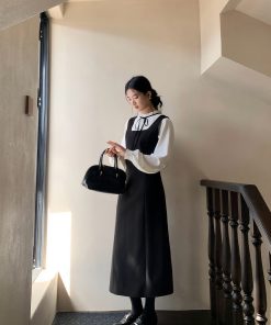 Black Woolen Vest Dress for Women - Autumn Winter Layered Suspender Dress, High-End Quality, Waist-Cinching Design