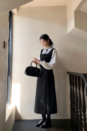 Black Woolen Vest Dress for Women - Autumn Winter Layered Suspender Dress, High-End Quality, Waist-Cinching Design