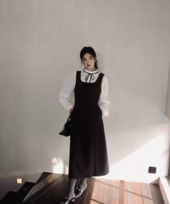 Black Woolen Vest Dress for Women - Autumn Winter Layered Suspender Dress, High-End Quality, Waist-Cinching Design