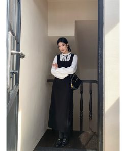 Black Woolen Vest Dress for Women - Autumn Winter Layered Suspender Dress, High-End Quality, Waist-Cinching Design