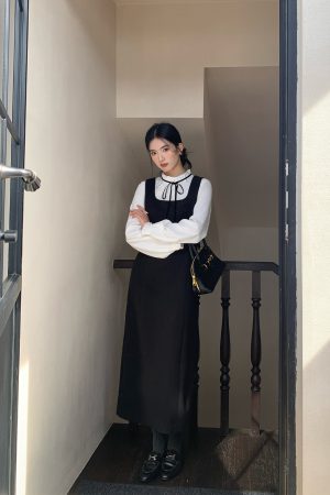 Black Woolen Vest Dress for Women - Autumn Winter Layered Suspender Dress, High-End Quality, Waist-Cinching Design
