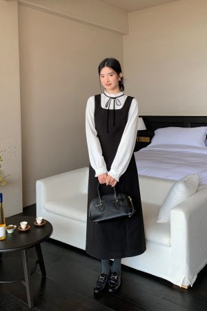 Black Woolen Vest Dress for Women - Autumn Winter Layered Suspender Dress, High-End Quality, Waist-Cinching Design