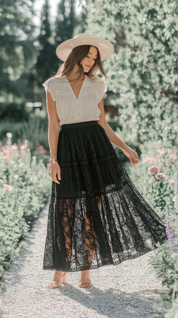 How to Wear a Black Lace Maxi Skirt Outfit outfit idea