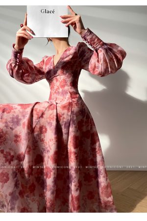 Blooming Purple Iris Romantic French Print Dress - Light Luxury High-End Beaded Mid-Length Gown, Elegant 90s Inspired Fashion