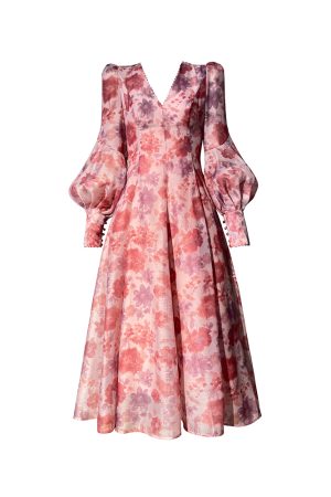 Blooming Purple Iris Romantic French Print Dress - Light Luxury High-End Beaded Mid-Length Gown, Elegant 90s Inspired Fashion