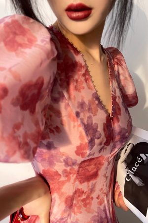 Blooming Purple Iris Romantic French Print Dress - Light Luxury High-End Beaded Mid-Length Gown, Elegant 90s Inspired Fashion