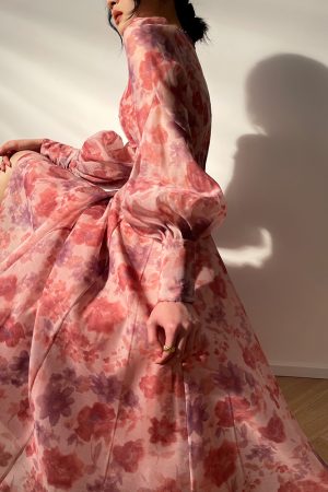 Blooming Purple Iris Romantic French Print Dress - Light Luxury High-End Beaded Mid-Length Gown, Elegant 90s Inspired Fashion