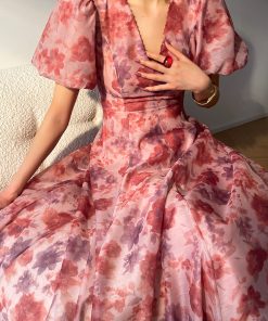 Blooming Purple Iris Romantic French Print Dress - Light Luxury High-End Beaded Mid-Length Gown, Elegant 90s Inspired Fashion