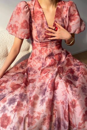 Blooming Purple Iris Romantic French Print Dress - Light Luxury High-End Beaded Mid-Length Gown, Elegant 90s Inspired Fashion