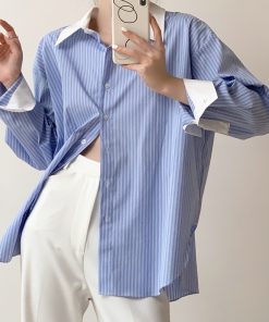 Blue and White Striped Color-Block Long Sleeve Shirt for Women - Slimming, Versatile Loose Top for Spring and Autumn 2025 Fashion
