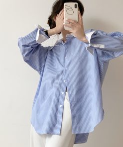 Blue and White Striped Color-Block Long Sleeve Shirt for Women - Slimming, Versatile Loose Top for Spring and Autumn 2025 Fashion