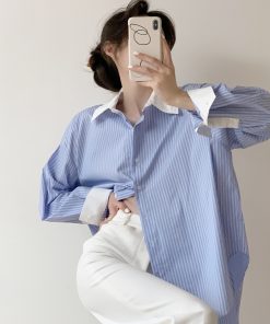 Blue and White Striped Color-Block Long Sleeve Shirt for Women - Slimming, Versatile Loose Top for Spring and Autumn 2025 Fashion