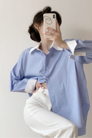 Blue and White Striped Color-Block Long Sleeve Shirt for Women - Slimming, Versatile Loose Top for Spring and Autumn 2025 Fashion