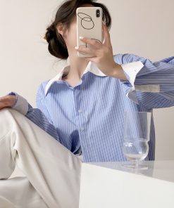Blue and White Striped Color-Block Long Sleeve Shirt for Women - Slimming, Versatile Loose Top for Spring and Autumn 2025 Fashion