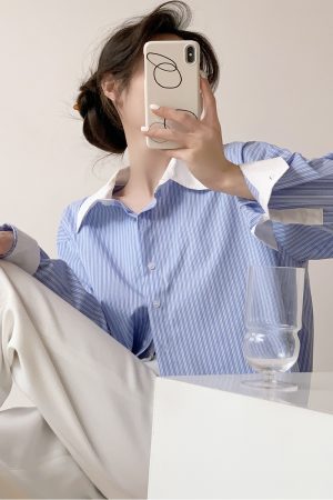 Blue and White Striped Color-Block Long Sleeve Shirt for Women - Slimming, Versatile Loose Top for Spring and Autumn 2025 Fashion