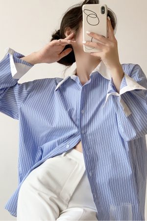 Blue and White Striped Color-Block Long Sleeve Shirt for Women - Slimming, Versatile Loose Top for Spring and Autumn 2025 Fashion