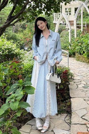 Blue and White Striped Lace Splicing Jacket with Lace Spliced Skirt Set - Y2K Inspired Fashion Ensemble