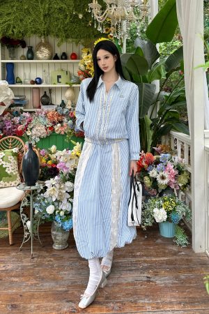 Blue and White Striped Lace Splicing Jacket with Lace Spliced Skirt Set - Y2K Inspired Fashion Ensemble