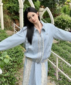 Blue and White Striped Lace Splicing Jacket with Lace Spliced Skirt Set - Y2K Inspired Fashion Ensemble